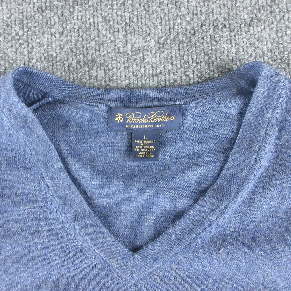 Brooks Brothers Sweater Mens L Blue Merino Wool Blend V Neck Knit Pullover